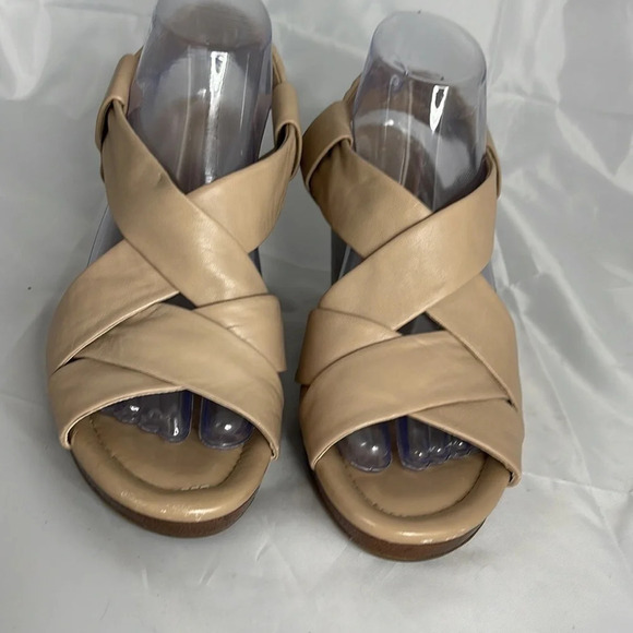 COLE HANN Crisscross Tan Open Toe Wedge Shoes Nike Air Technology Leather 9.5 - Picture 3 of 12